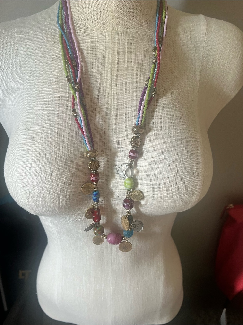 Chico's Multicolor Beaded Charm Necklace with Gold-Tone Coins